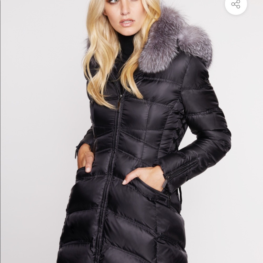 Dawn Levy Cloe Fox Fur Quilted Walker Coat Black